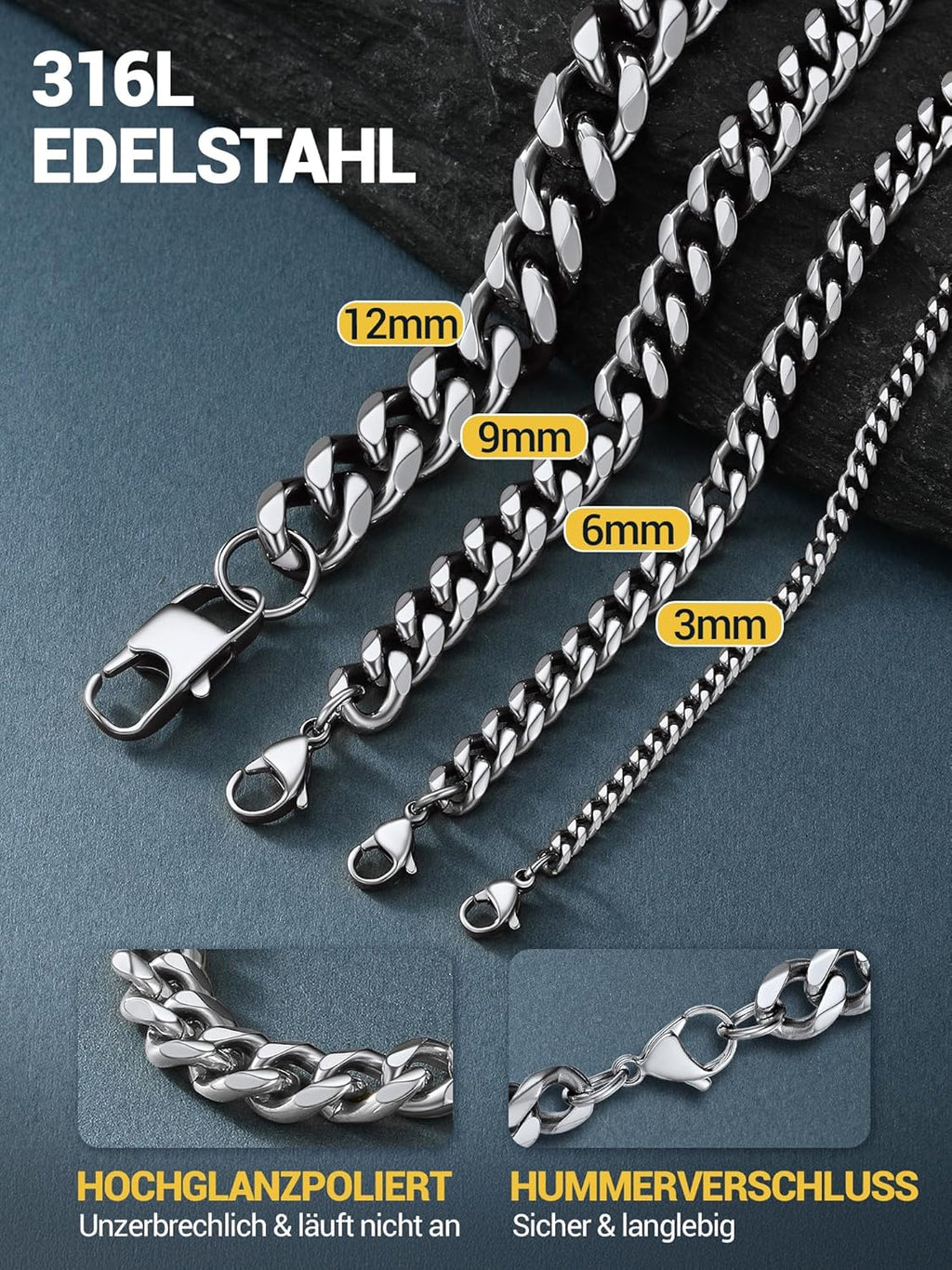 PROSTEEL Herren Panzerkette Edelstahl 3/6/9/12 mm - 36/46/51/55/61/66/71/76 cm