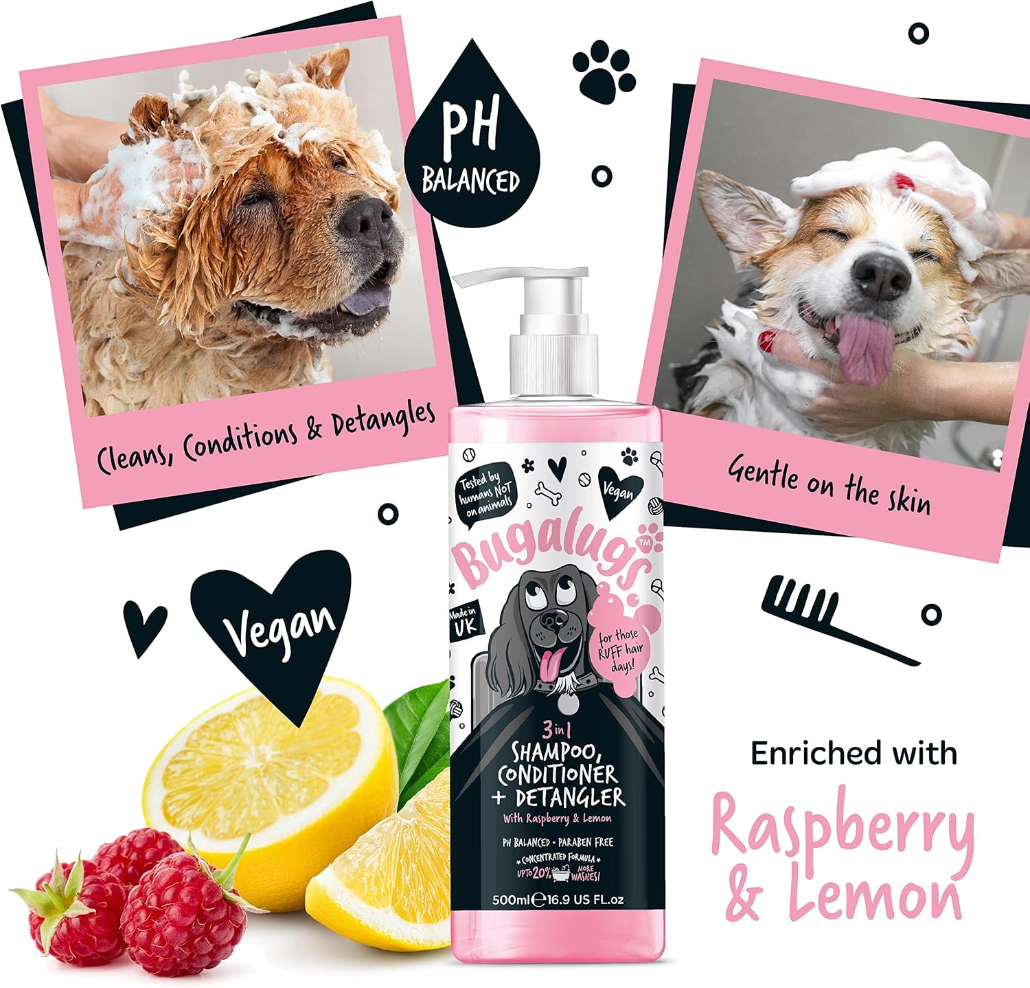 BUGALUGS Hundeshampoo 3‑in‑1 Reinigung Pflege Entwirrung Himbeer Zitrone -5