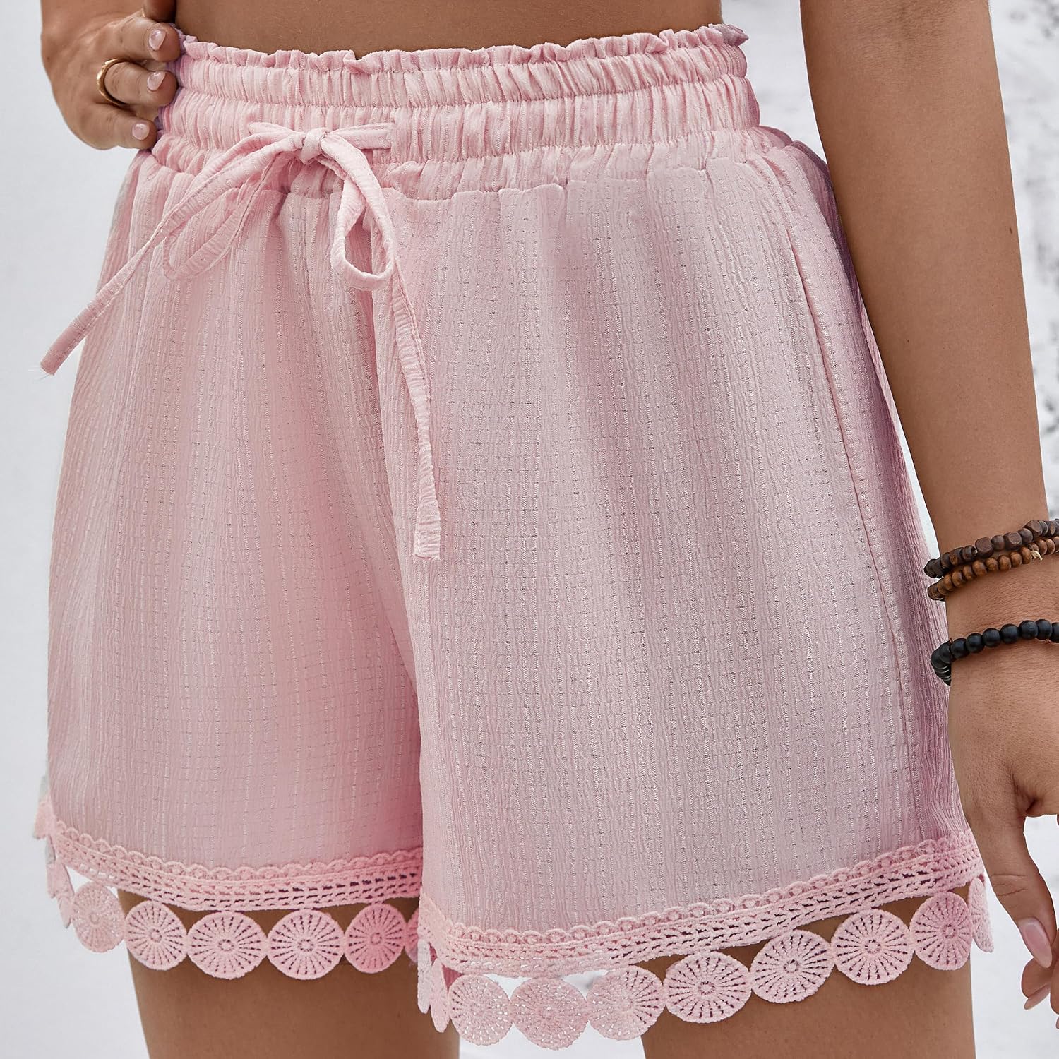 Damen Strandshorts High Waist mit Kordelzug und Spitzenbesatz S-XXL