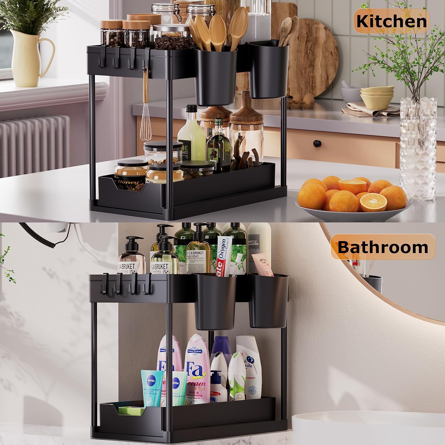 AIXPI 2‑stufiges Unter‑waschbecken Regal mit Haken und Tassenhalter, Schwarz