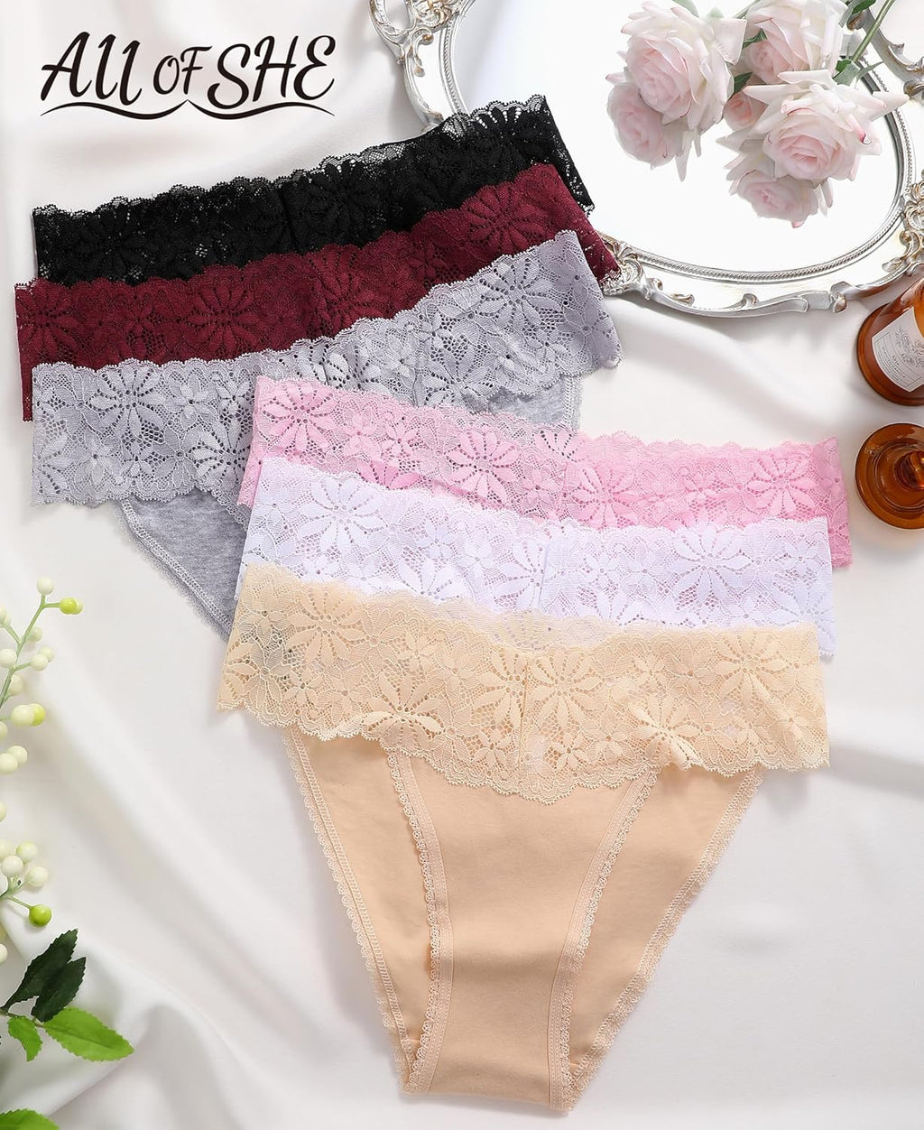 6er Pack Damen Hipster Slips Baumwolle mit Spitze atmungsaktiv S-XL