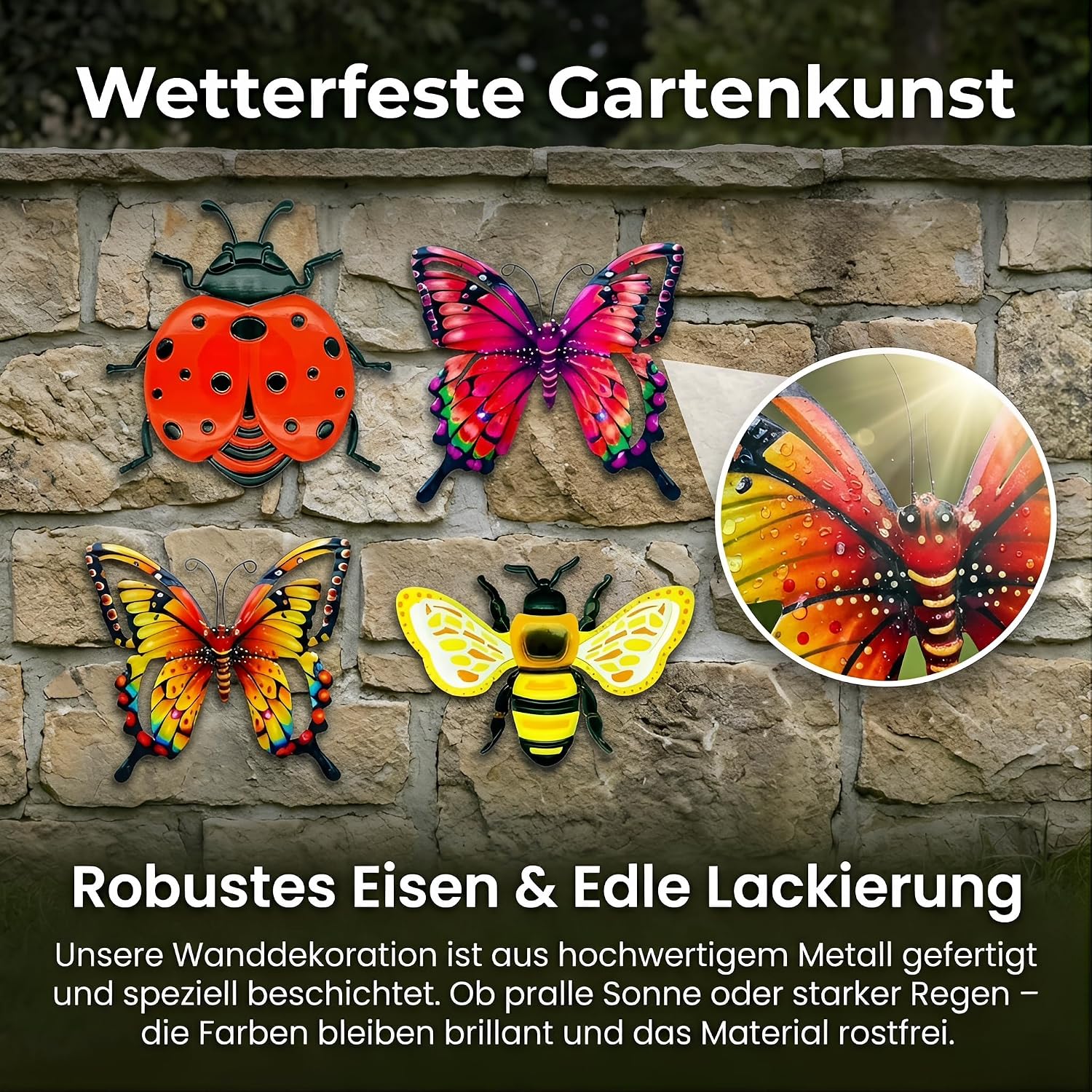 4er-Set Metall Gartenornamente Schmetterling Blumen Wanddeko aussen