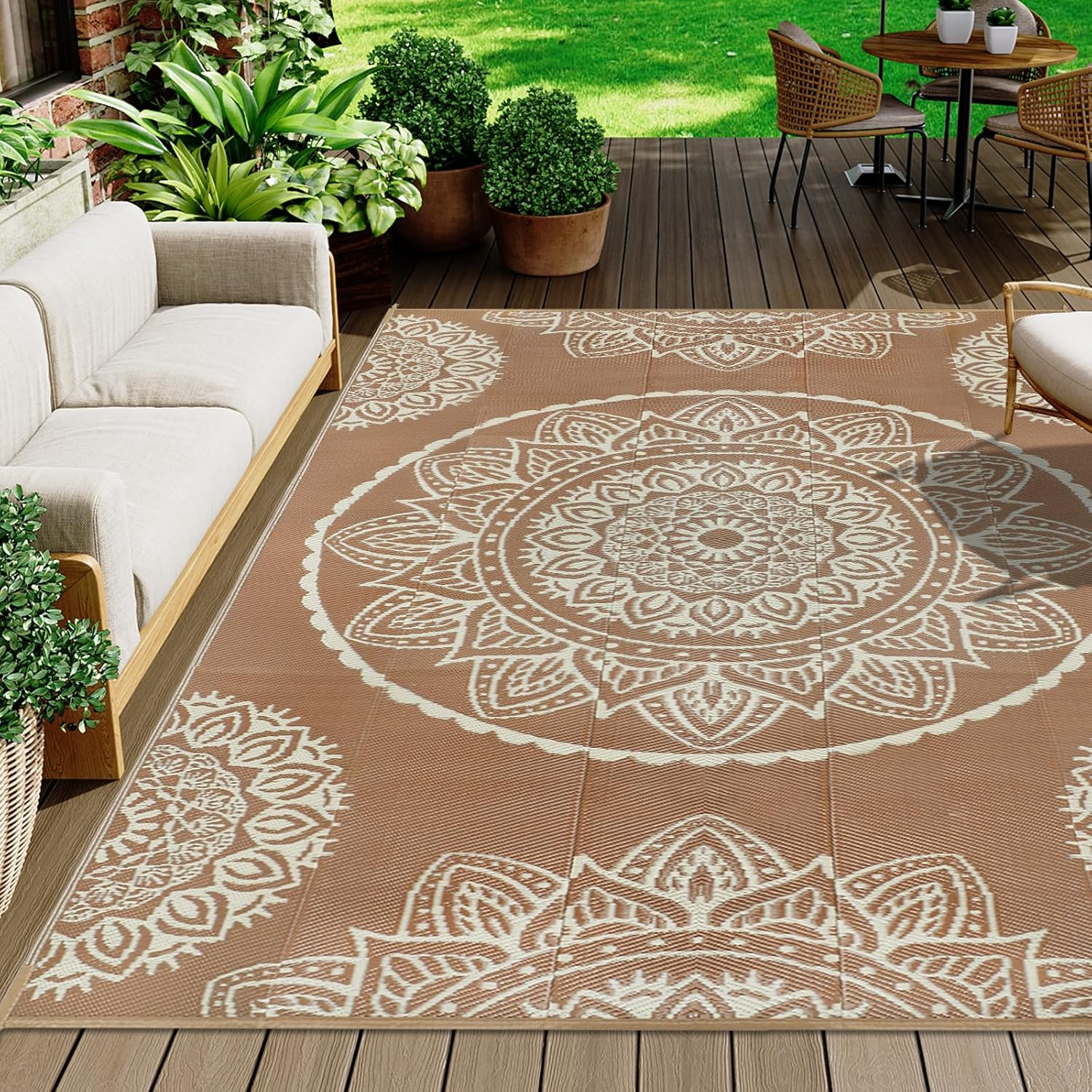 Famibay Outdoor Teppich 180x270 cm wendbar wasserfest beige braun fuer Garten