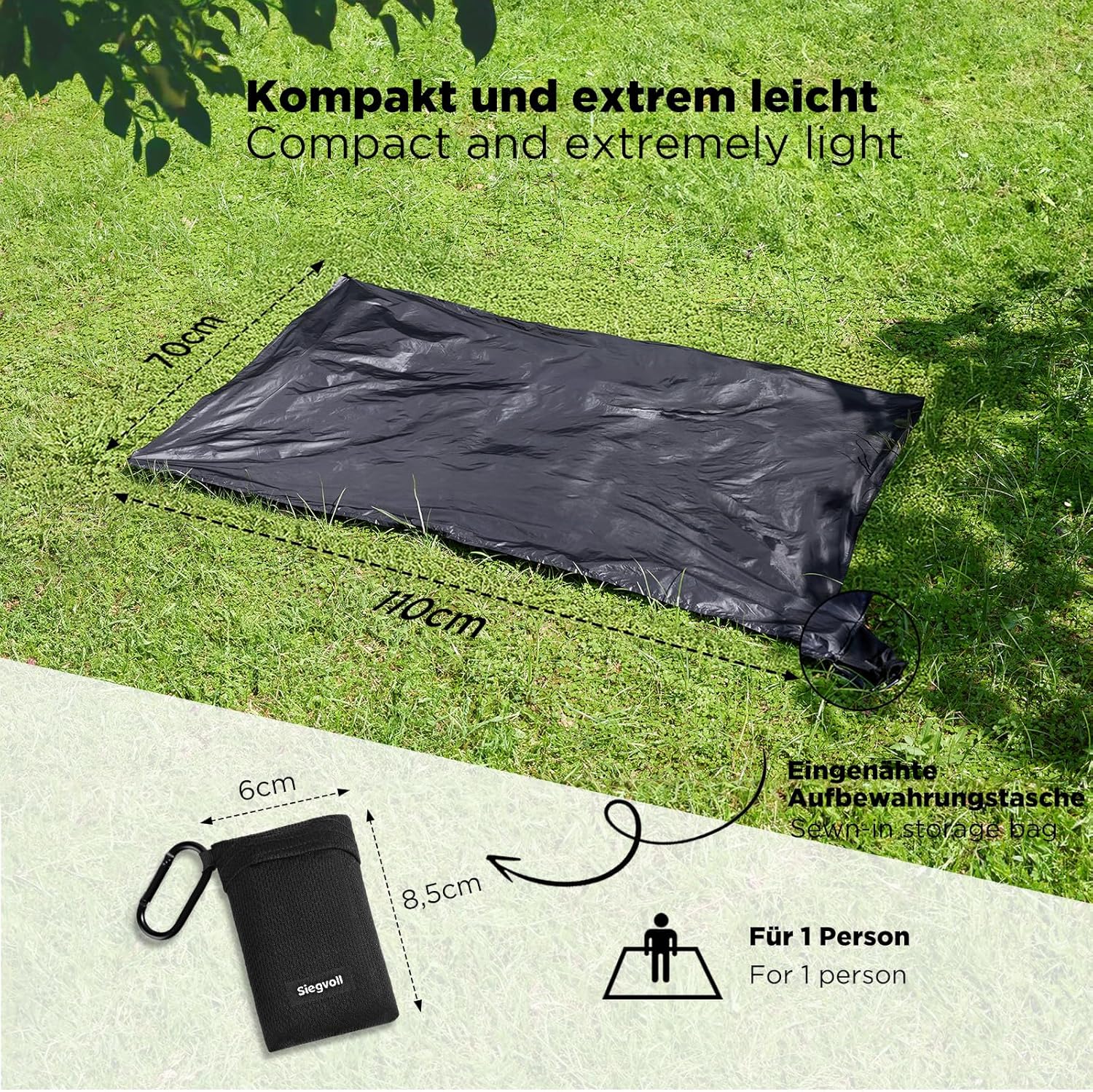 Siegvoll Picknickdecke 110cm-180cm schwarz ultraleicht fuer Personen