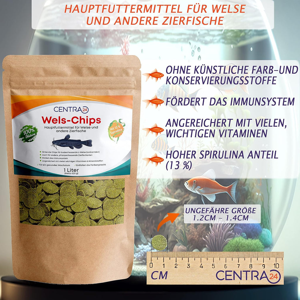 Centra24 Wels-Chips 1 l - Formstabile Wafer mit Spirulina & Vitaminen, Welsfutte