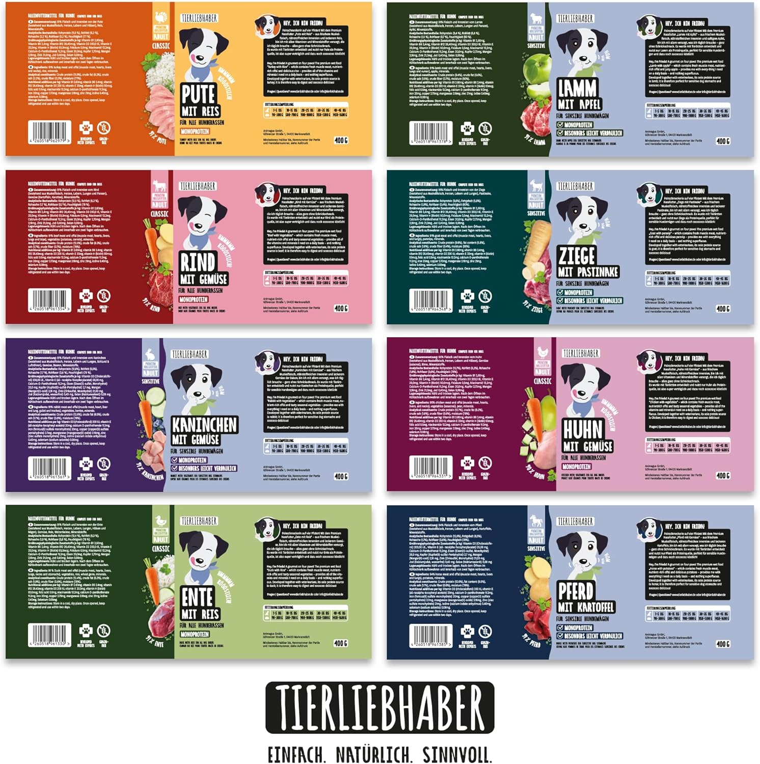 TIERLIEBHABER Hundenassfutter Dose 91% Fleischanteil 8 Sorten Packung