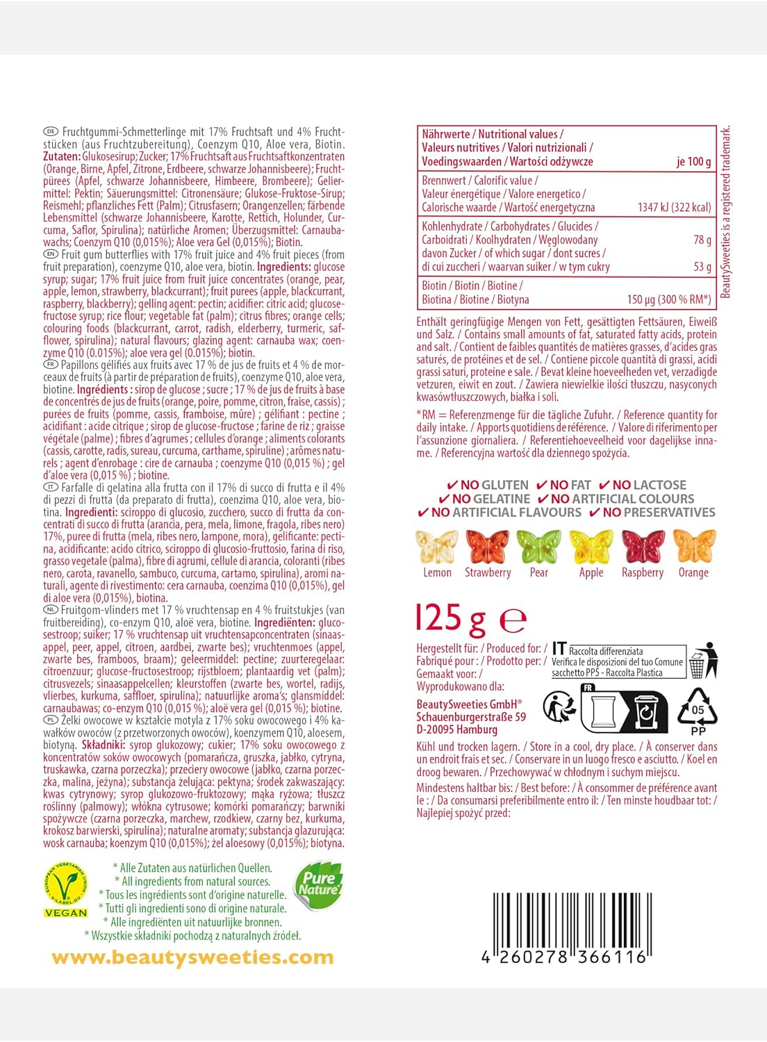 BeautySweeties Fruchtgummi Schmetterlinge vegan mit 17% Fruchtsaft