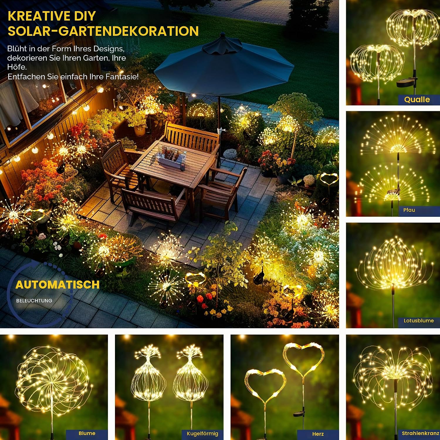 GIGALUMI Solarleuchten Aussen 4er Set 120 LED Pusteblume wetterfest