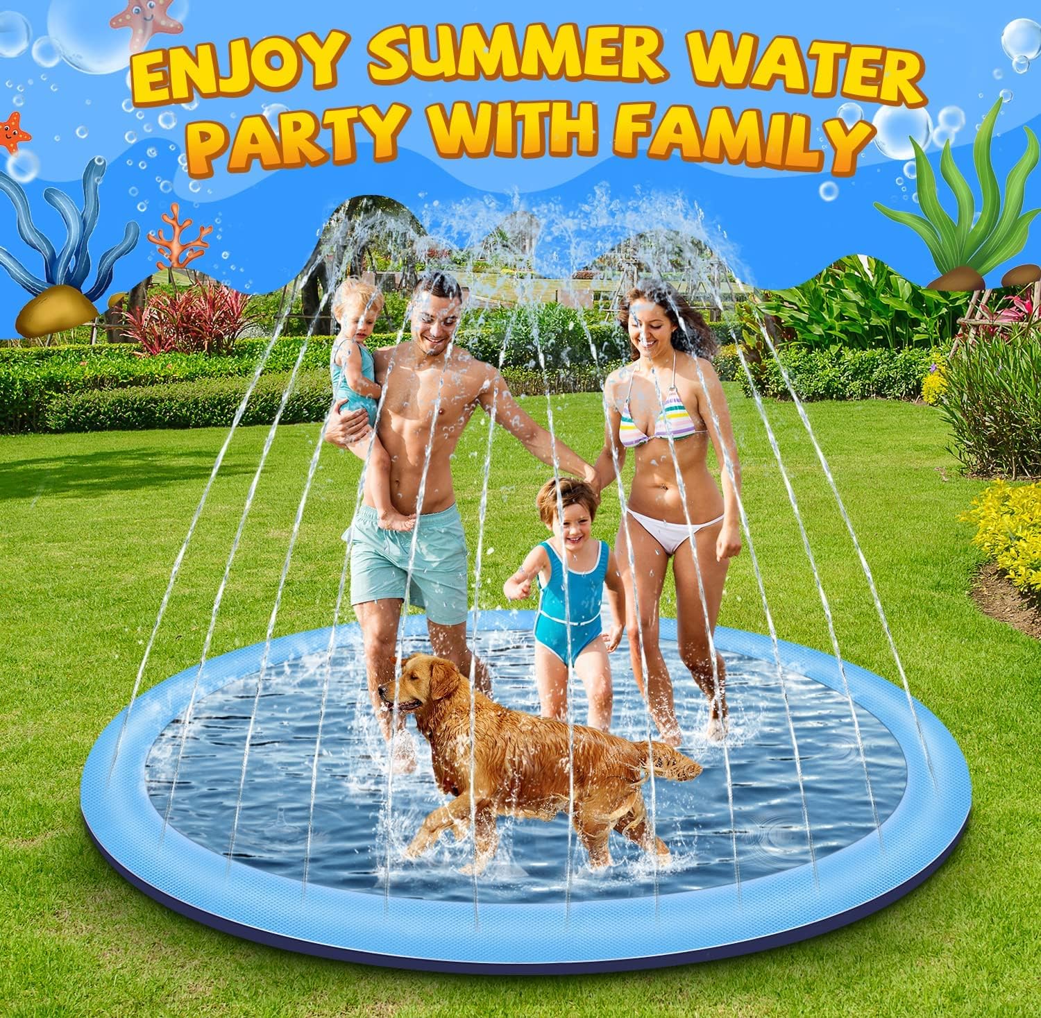 Kinder Wassersprinkler 200 cm mit Antirutschfunktion Hund-Motiv Blau