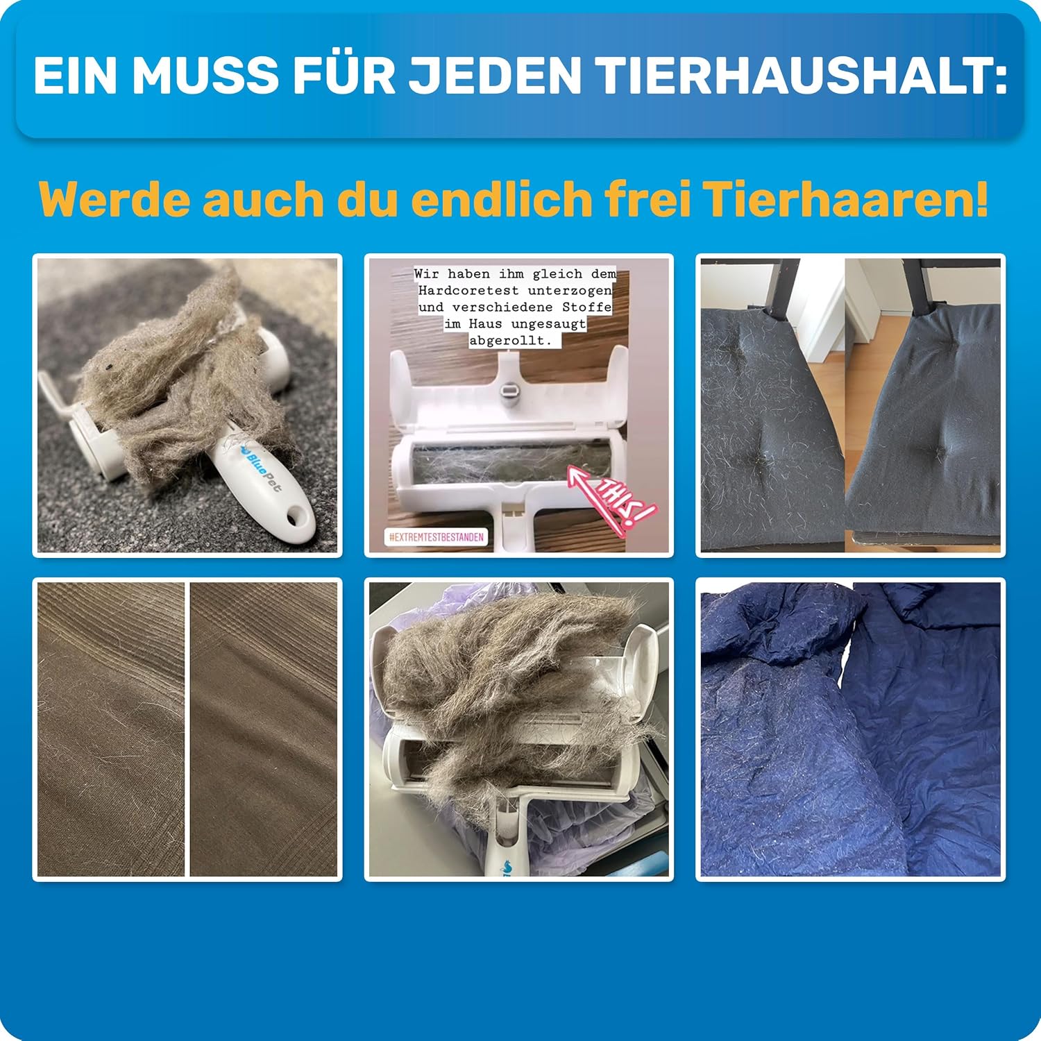 BluePet Tierhaarentferner wiederverwendbar + Mini-Fusselrolle fuer Kleidung