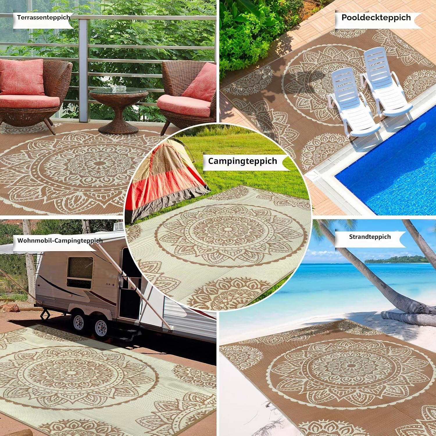 Famibay Outdoor Teppich 180x270 cm wendbar wasserfest beige braun fuer Garten