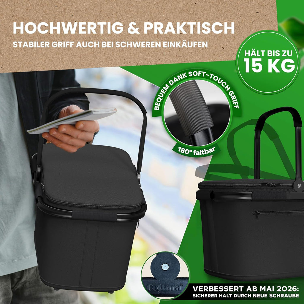 Cottara Thermo Einkaufskorb gross isoliert mit Deckel Reissverschlussfach Schwarz