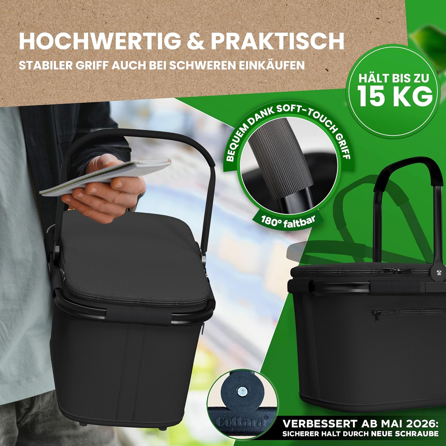 Cottara Thermo Einkaufskorb gross isoliert mit Deckel Reissverschlussfach Schwarz