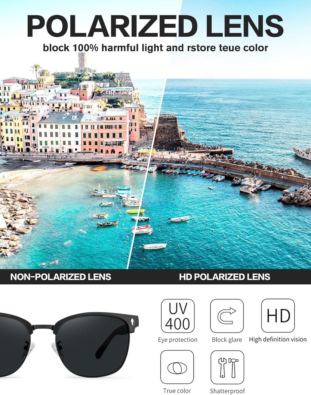 Polarisiert Sonnenbrille Herren UV400 Retro Halbrahmen Fahren Angeln Reisen