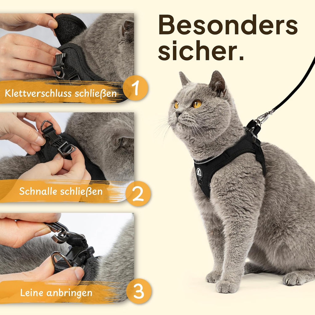 Katzengeschirr mit Leine Schwarz Groesse S verstellbar weich robust fuer Kitten