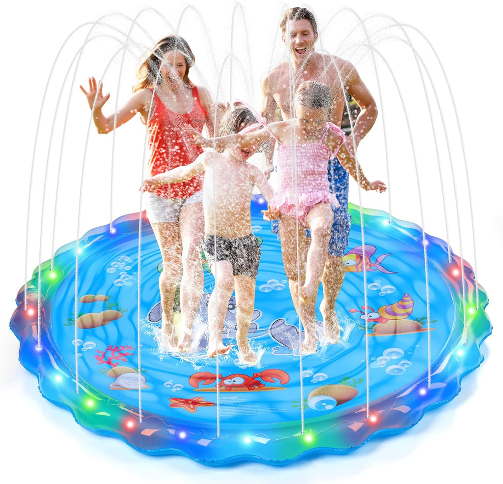 IEEILULU Splash Pad 170 cm Wassersprinkler Spielmatte mit LED Blau