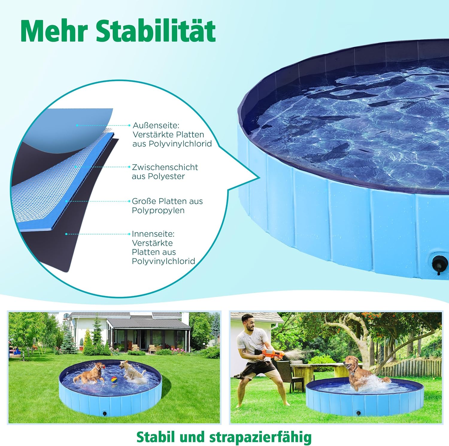 Yaheetech Hundepool faltbar 160×30 cm PVC mit Badebuerste 30cm Ozean Blau