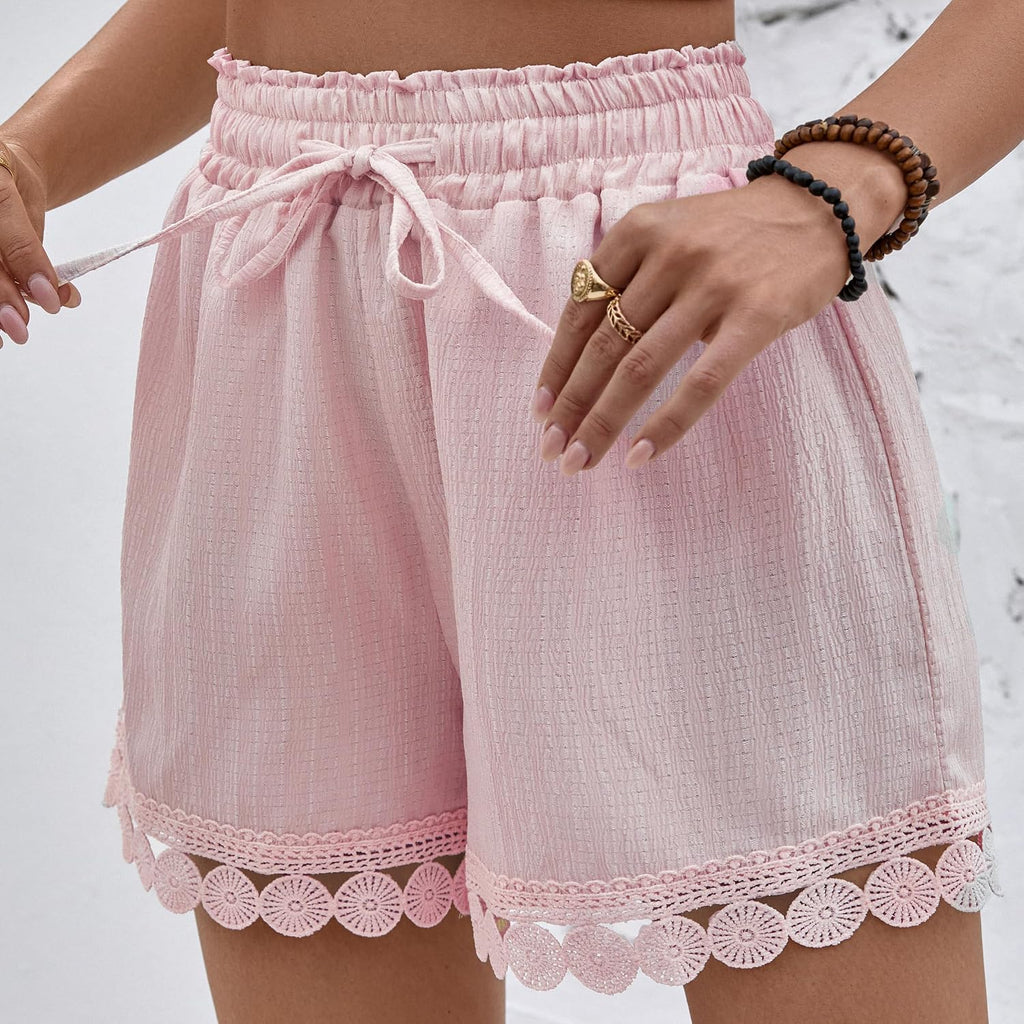 Damen Strandshorts High Waist mit Kordelzug und Spitzenbesatz S-XXL