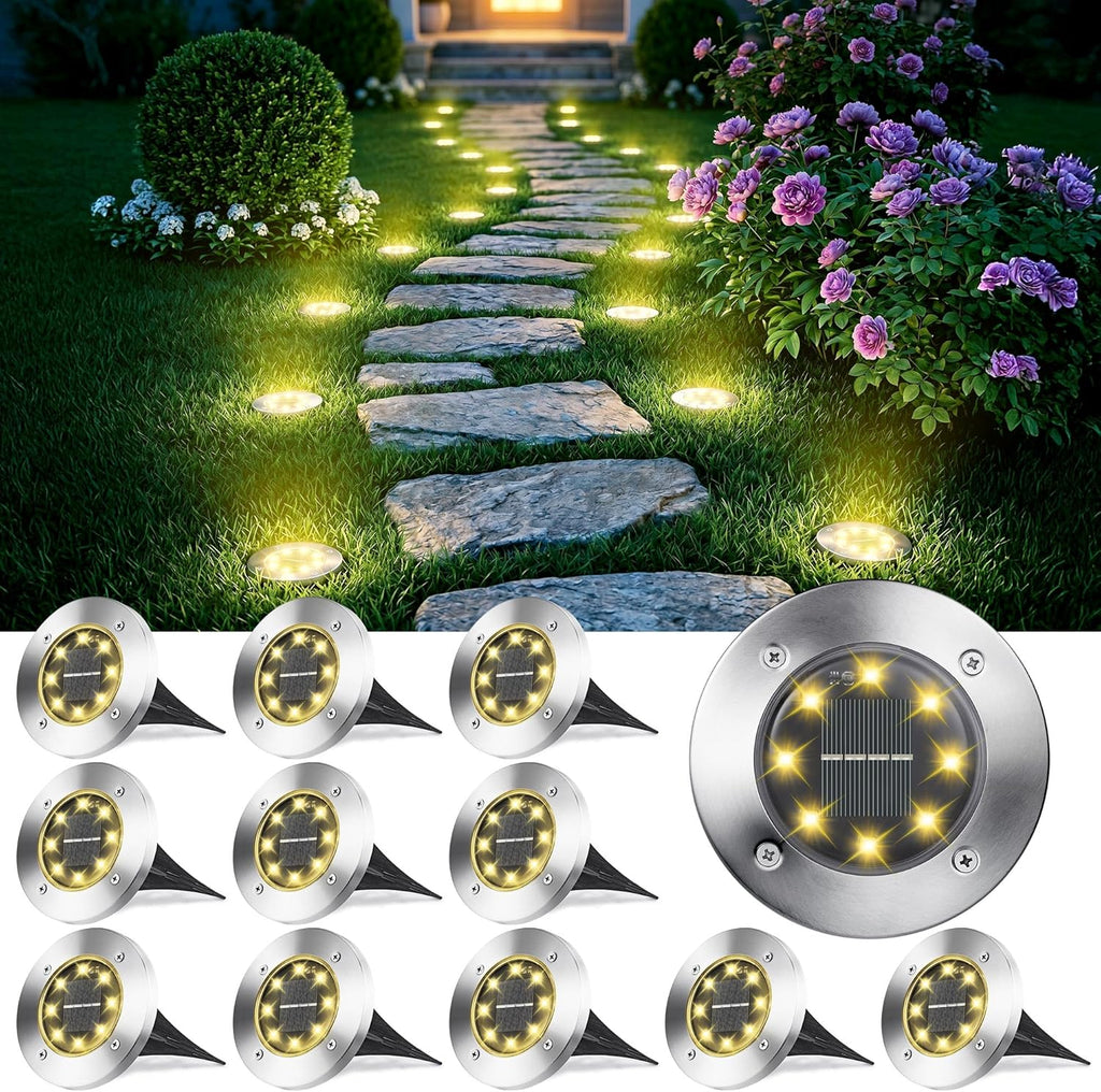 Joomer 12er Solar Bodenleuchten Aussen 8 LEDs 3000K Warmweiss IP65 Garten