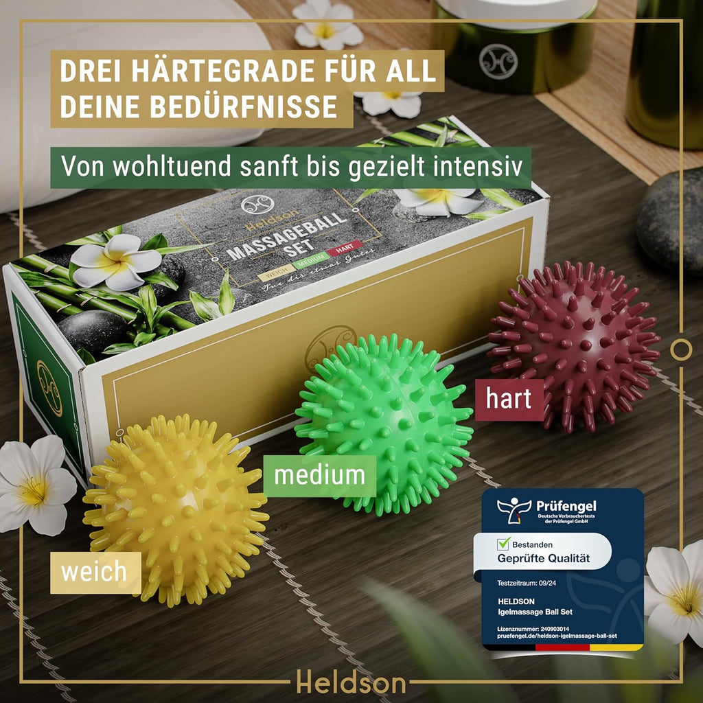 Premium Massageball Set 3 Haertegrade Igelball fuer Fuss Ruecken Hand