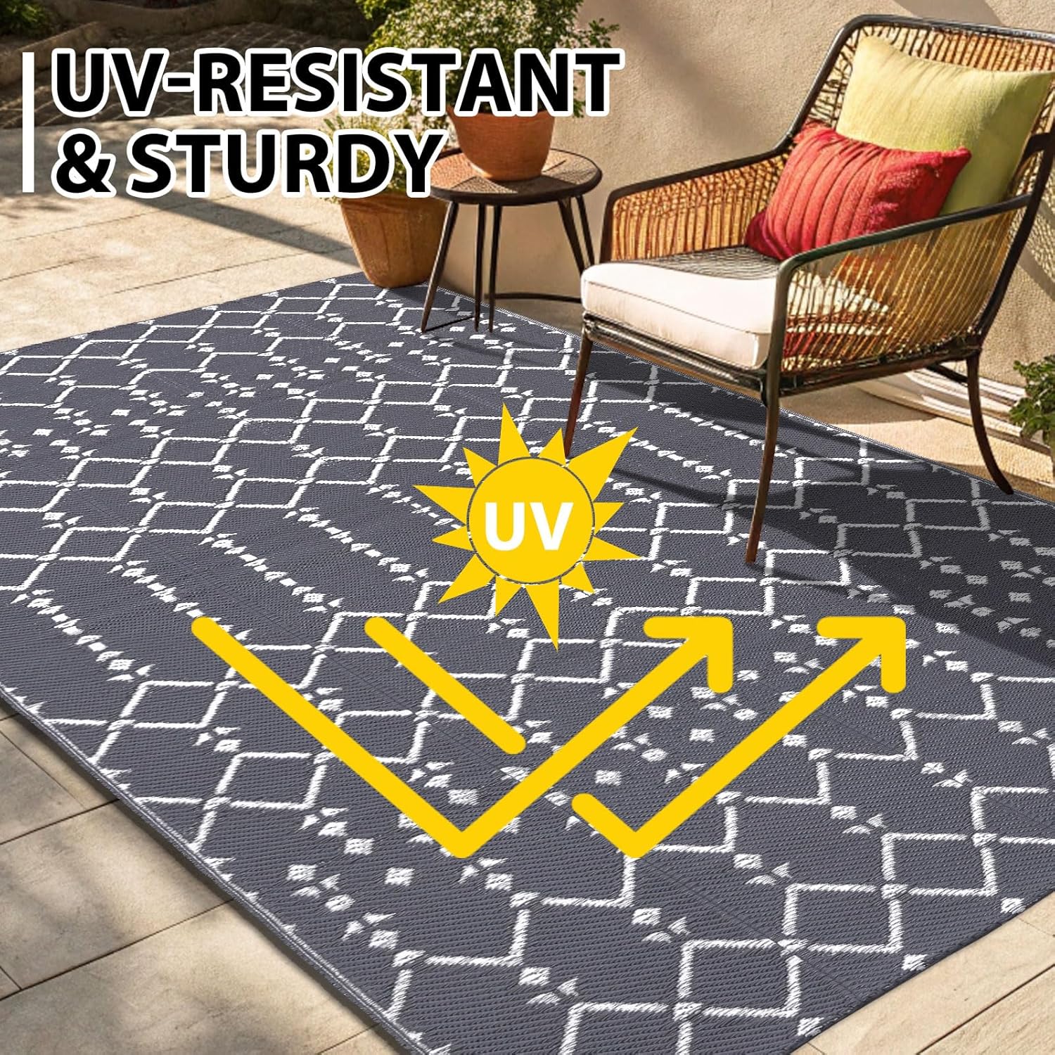 Homaxy Outdoor Teppich 150x240 cm wasserdicht beidseitig nutzbar Schwarz/Grau 18