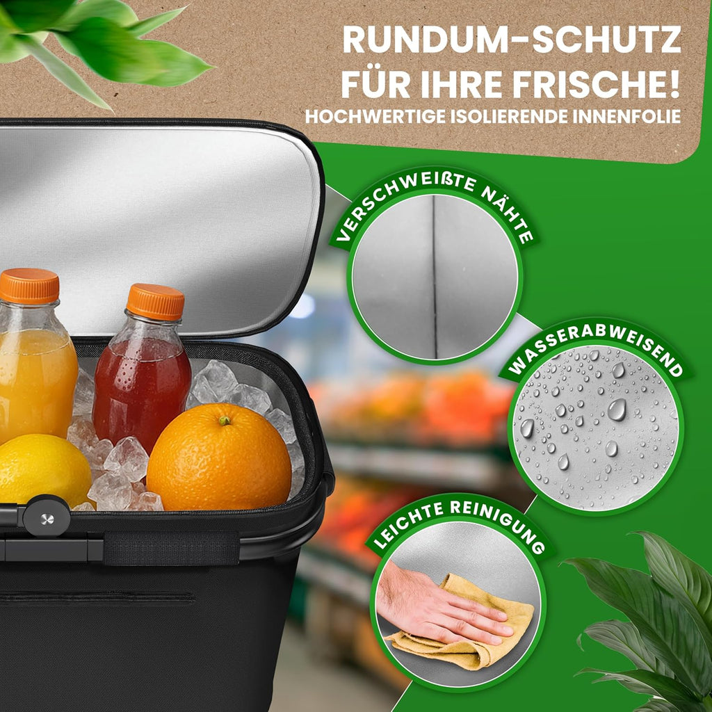 Cottara Thermo Einkaufskorb gross isoliert mit Deckel Reissverschlussfach Schwarz