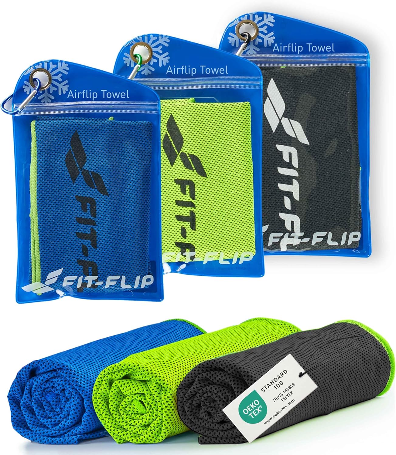 Fit-Flip Kuehlhandtuch 3er-Set Mikrofasern Sport Fitness Nacken kuehlt