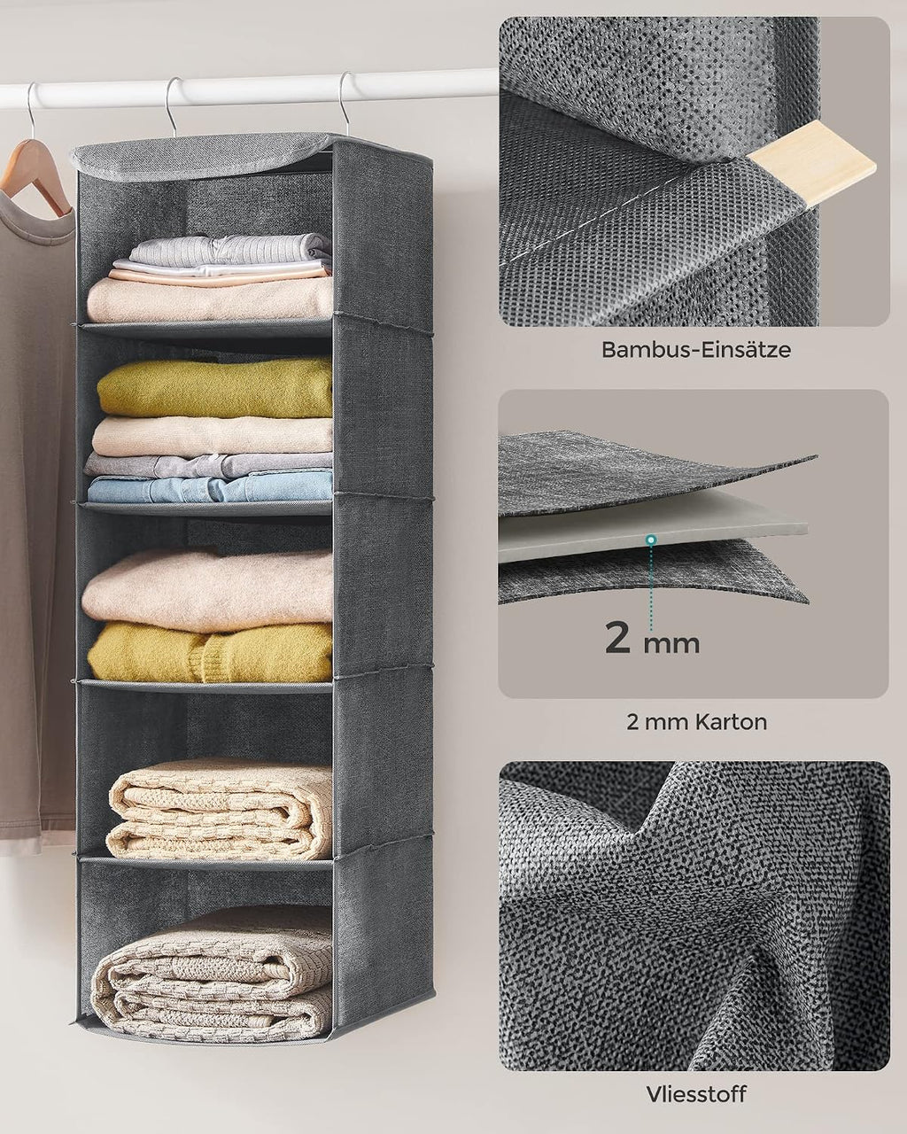 SONGMICS Haengeorganizer 4 Faecher faltbar Kleiderschrank Regal Hellgrau