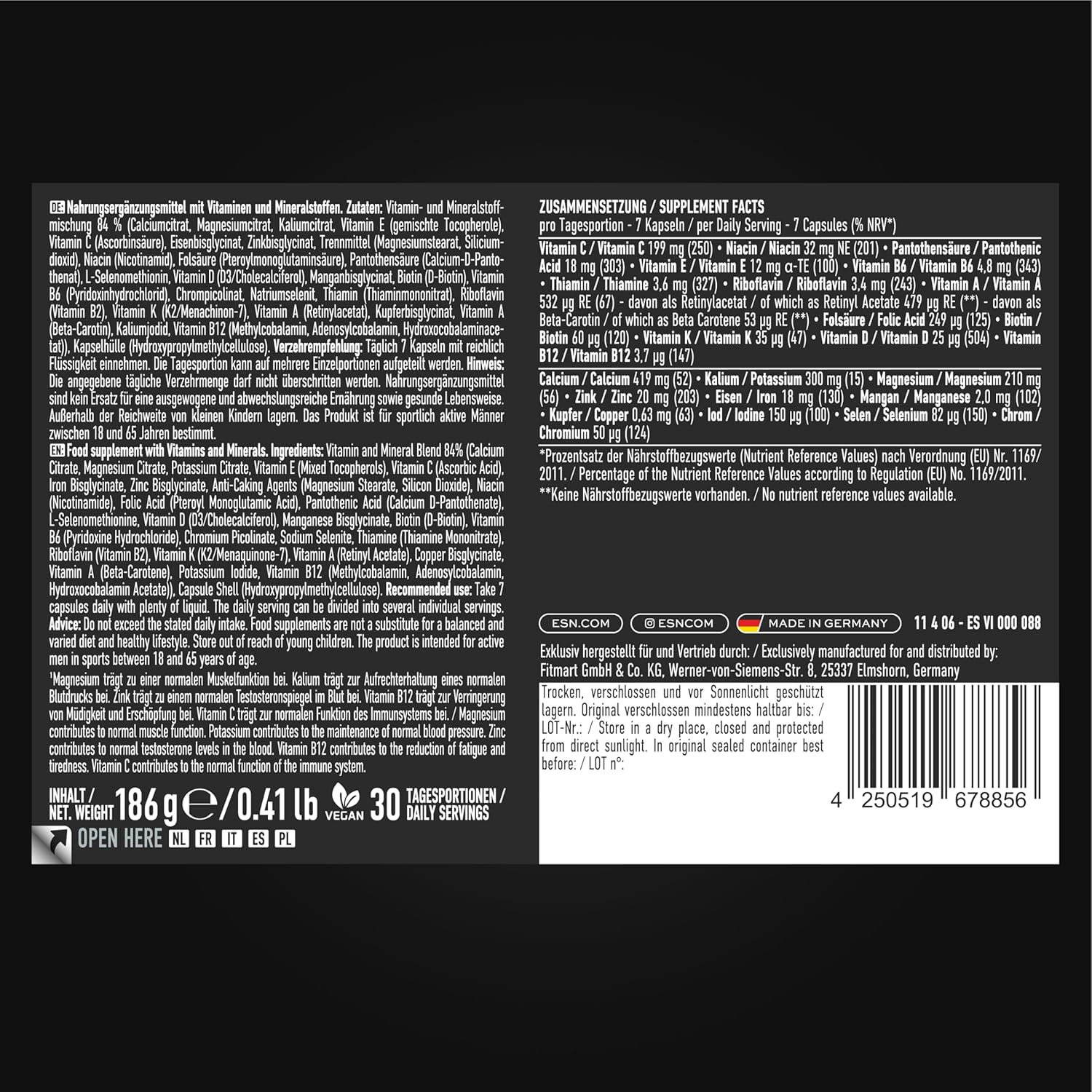 ESN Athlete Stack Men 2.0 210 Kapseln vegane Vitamine Mineralstoffe Made in Germ