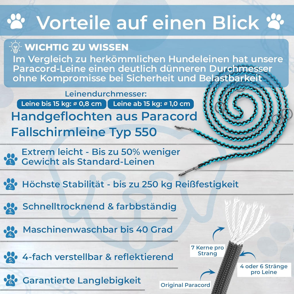 Paracord Hundeleine verstellbar 2m-3m reflektierend wetterfest