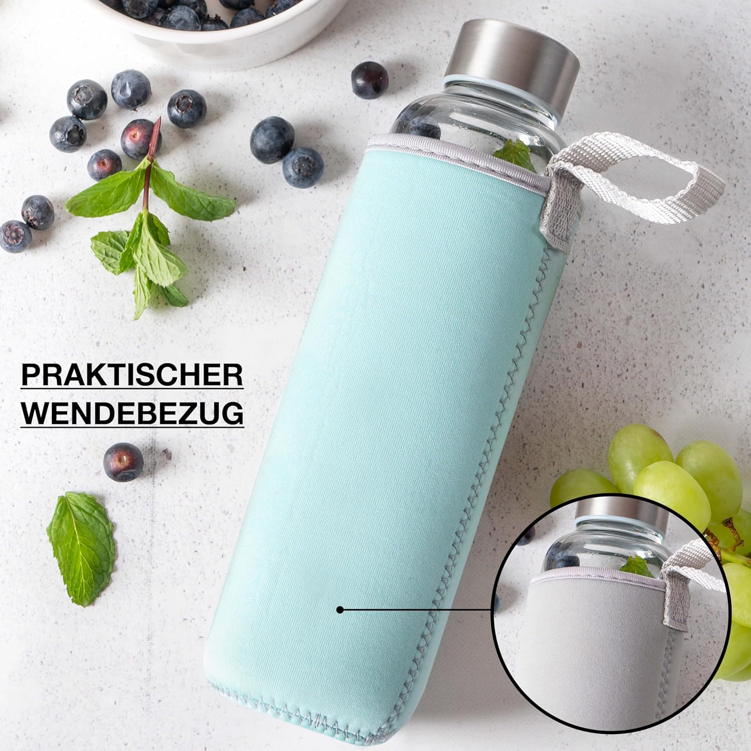 Moritz & Moritz Glas-Trinkflasche auslaufsicher mit Neoprenhuelle