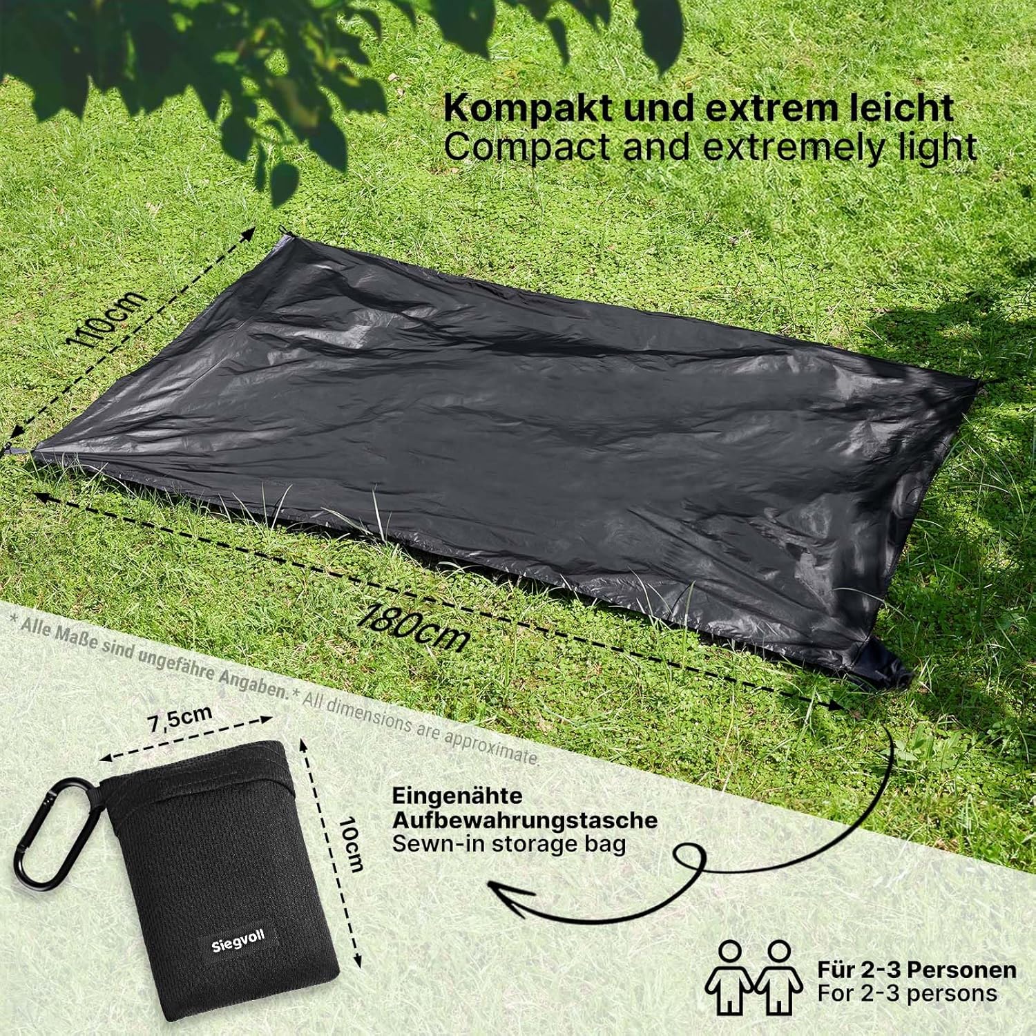 Siegvoll Picknickdecke 110cm-180cm schwarz ultraleicht fuer Personen