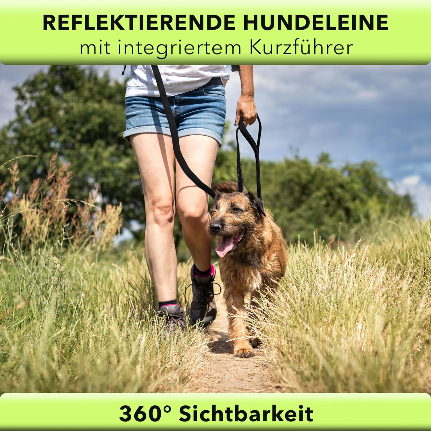 AVANA reflektierende Hundeleine 1,5 m mit Kurzfuehrer und gepolsterten Griffen