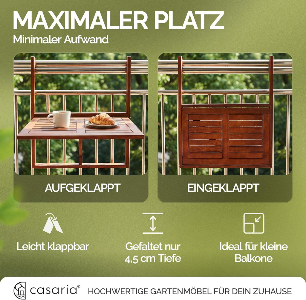 Casaria Balkontisch klappbar Akazie 65x45 cm fuer Gelaender bis 40 kg, wetterfest