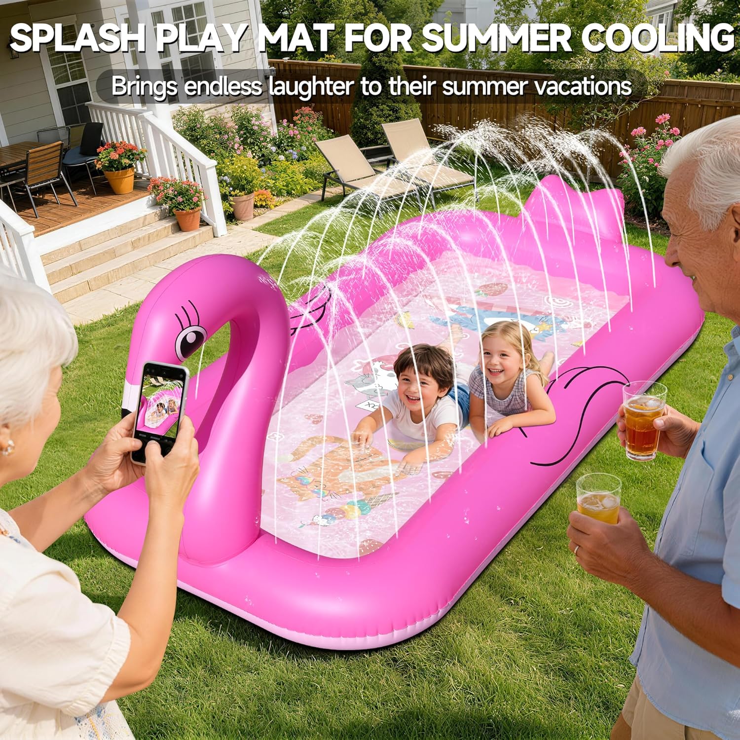 KingSom Splash Pad Flamingo Wassersprinkler Matte mit Antirutschfunktion