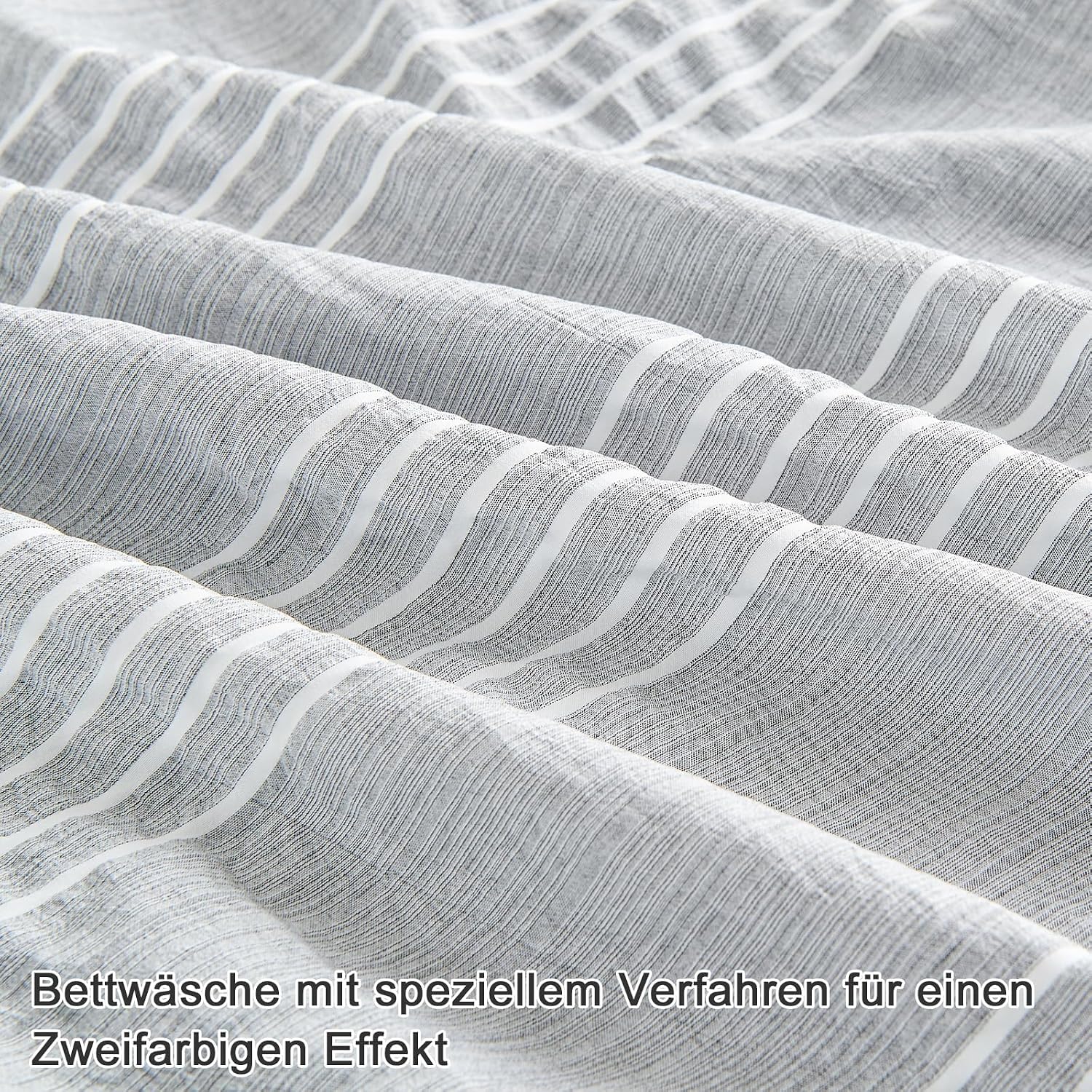 Qucover Bettwaesche 135x200 Seersucker grau weiss gestreift Mikrofaser 200cm-220cm
