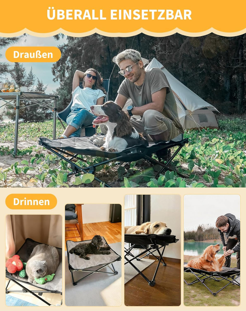 KingCamp erhoehtes Hundebett 77x77x30 cm mit Mesh Wildledermatte rutschfest 23cm