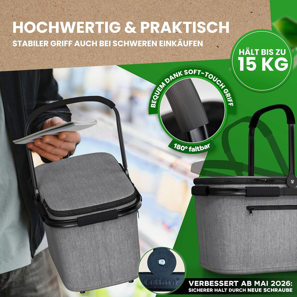 Cottara Thermo Einkaufskorb gross isoliert mit Deckel Reissverschlussfach Schwarz