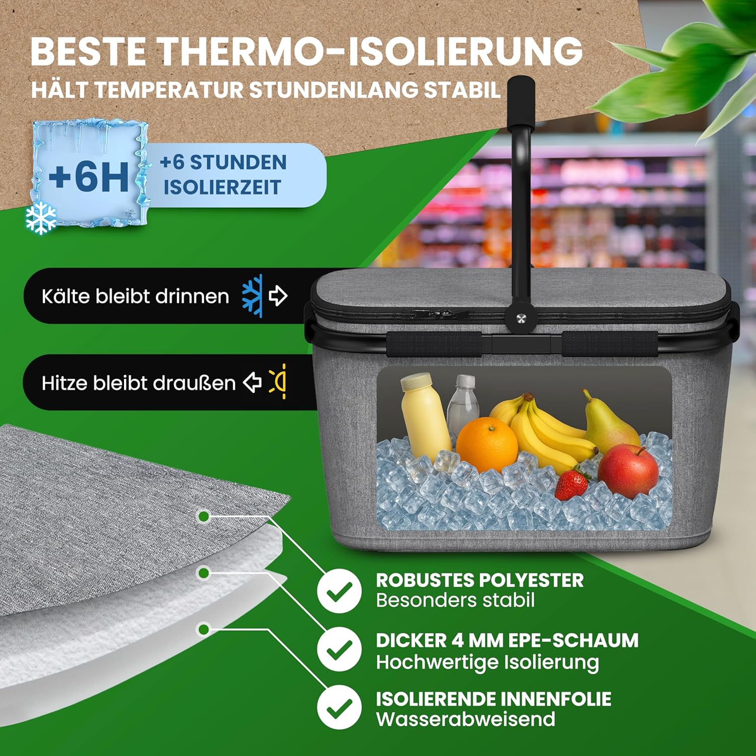 Cottara Thermo Einkaufskorb gross isoliert mit Deckel Reissverschlussfach Schwarz