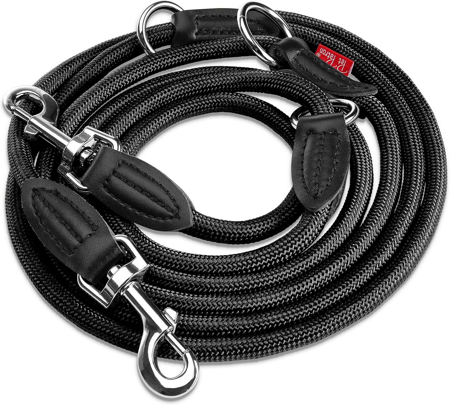 PetPatron verstellbare Hundeleine Nylon 1,5-3 m mit Lederdetails Schwarz