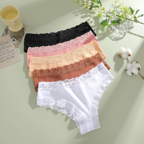 ALL OF SHE Damen Brazilian Slip mit Spitze, Baumwolle, atmungsaktiv, 5er Pack XS