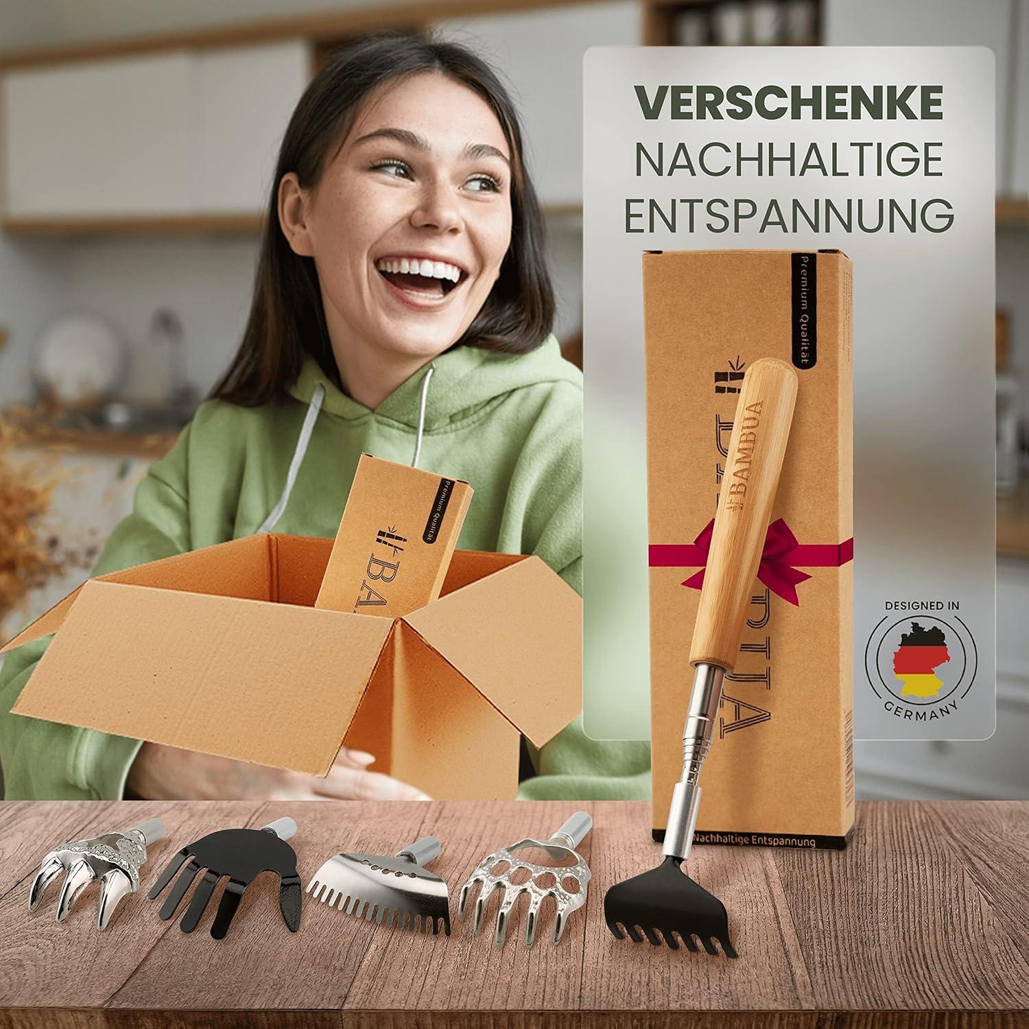Rueckenkratzer ausziehbar mit 5 Aufsaetzen Bambusgriff Edelstahl Set