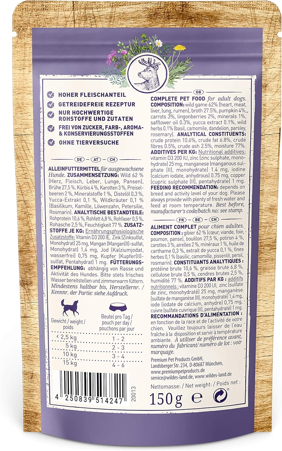 WILDES LAND Wild Nassfutter Hund 8x150g hohe Fleischanteil Alleinfutter