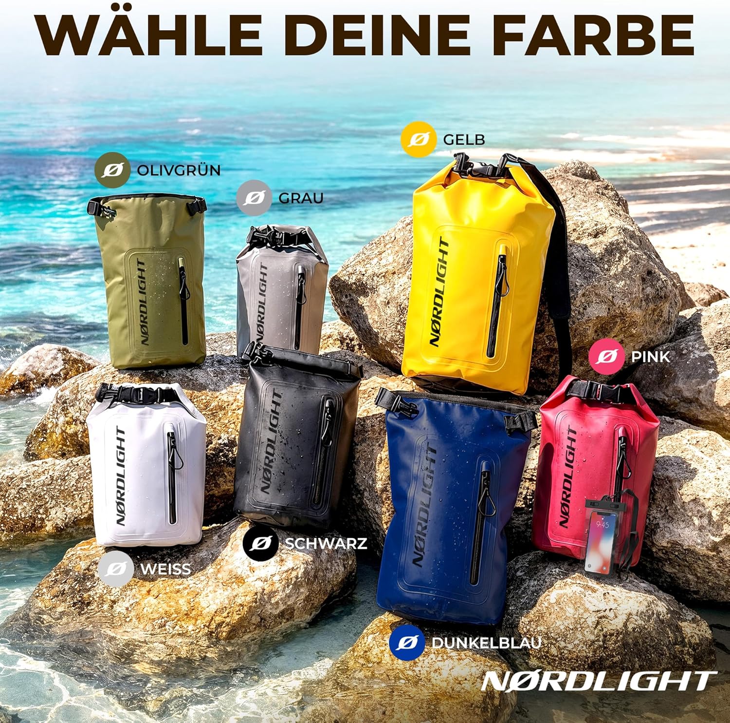 Nordlight Dry Bag 20 L wasserdichter Packsack mit Schultergurt & Handyhuelle