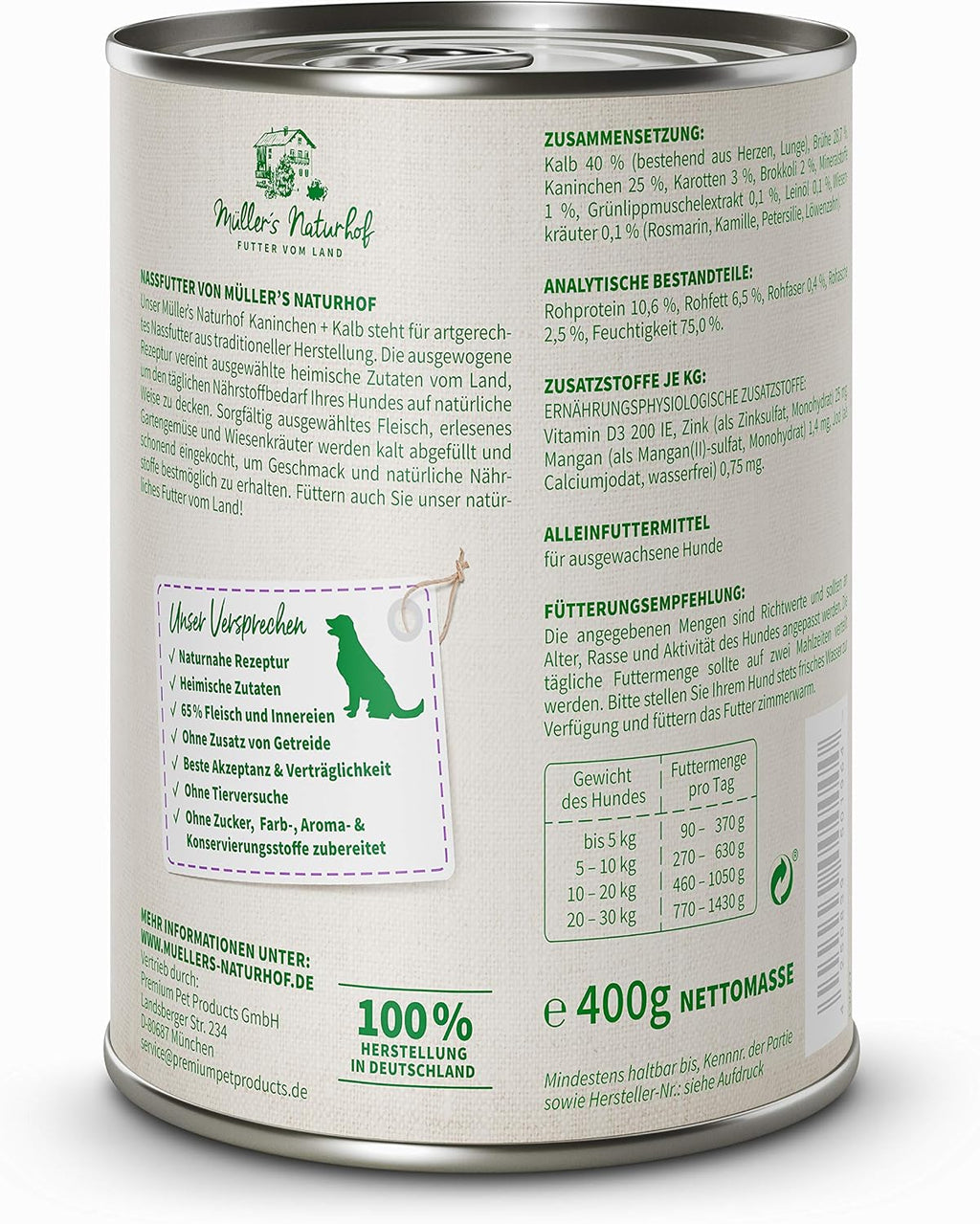 MUeLLER'S NATURHOF Hundefutter Nass Kaninchen 6x400g verschiedene Sort