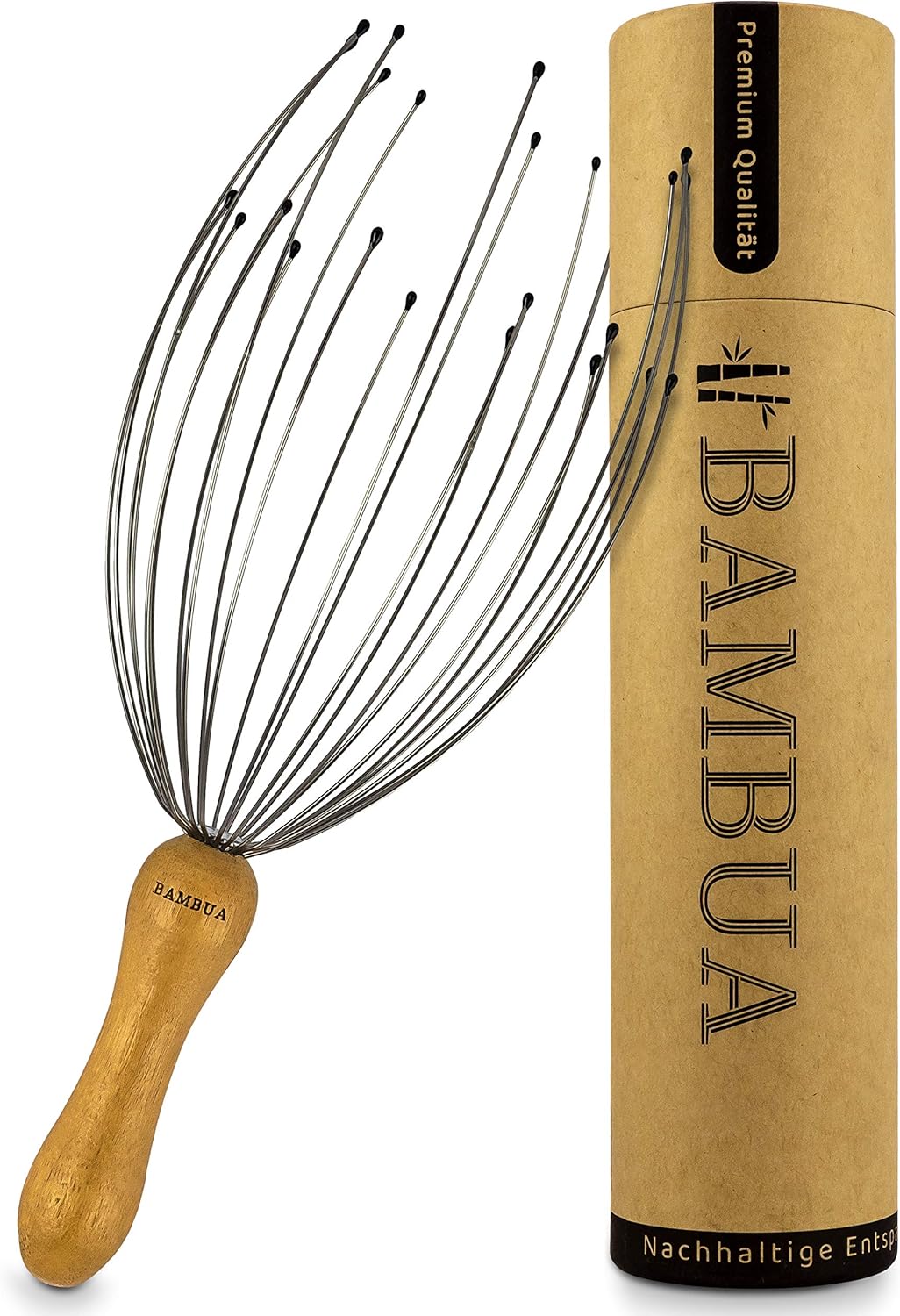 Kopfmassagegeraet Spinne 24 Metallfaeden mit Bambusgriff zur Entspannung