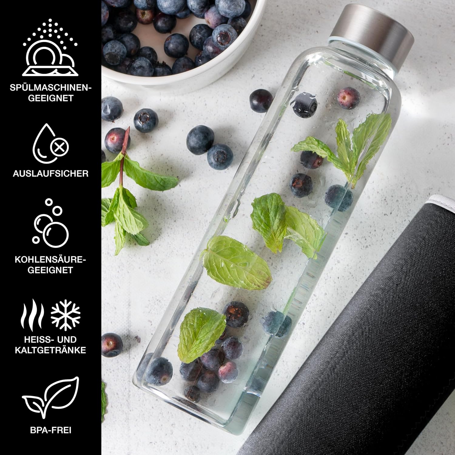Moritz & Moritz Glas-Trinkflasche auslaufsicher mit Neoprenhuelle