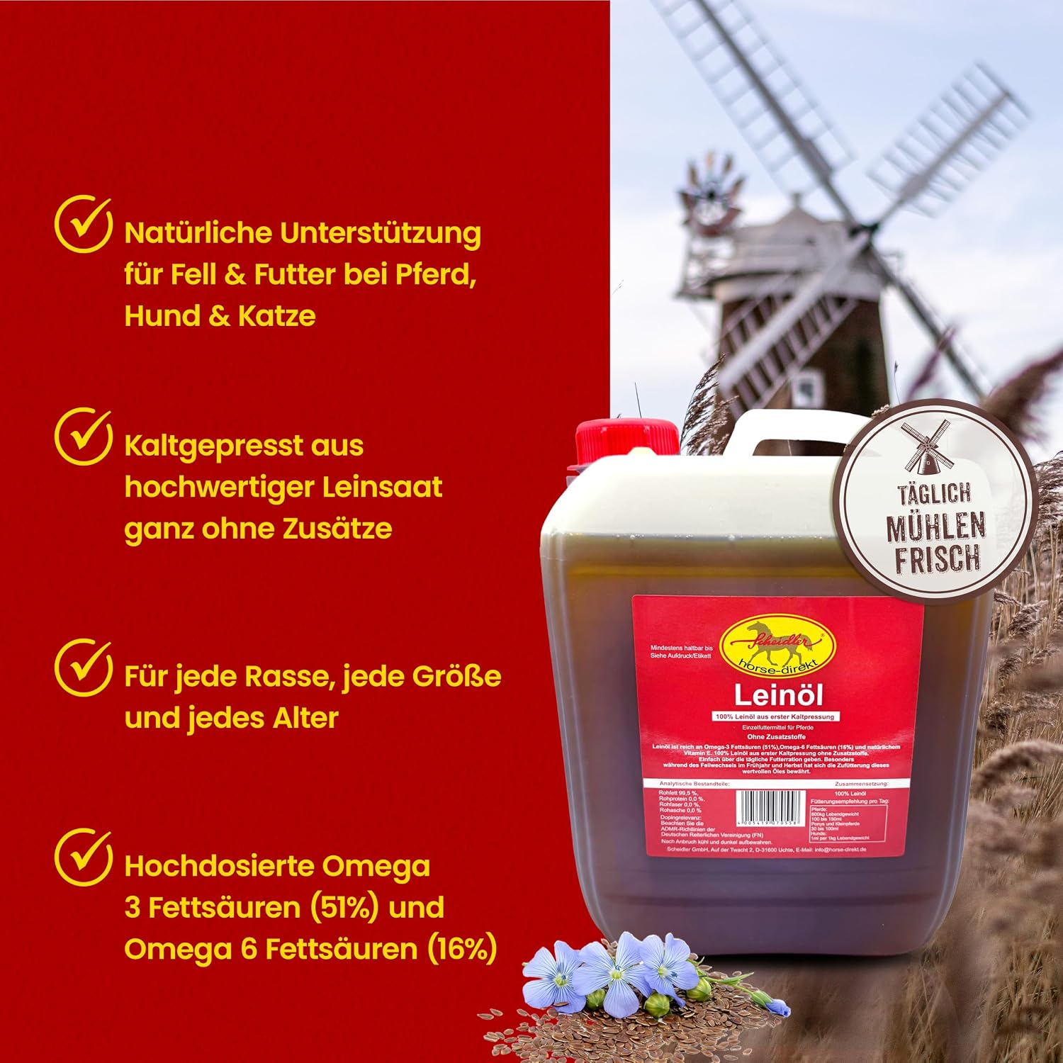 Scheidler Leinöl für Pferd Hund Katze 5 L Omega 3 und 6