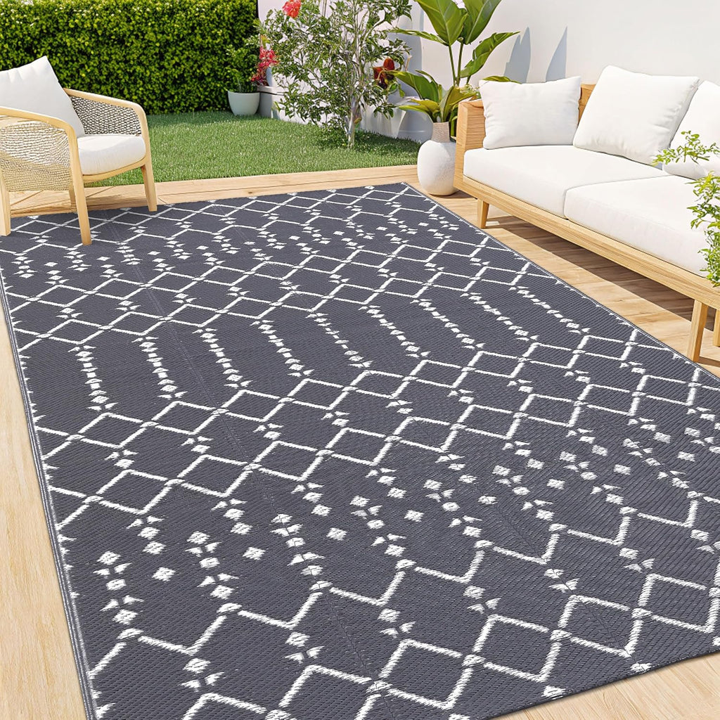 Homaxy Outdoor Teppich 150x240 cm wasserdicht beidseitig nutzbar Schwarz/Grau 18