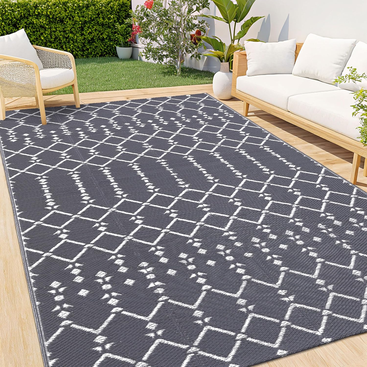 Homaxy Outdoor Teppich 150x240 cm wasserdicht beidseitig nutzbar Schwarz/Grau 18